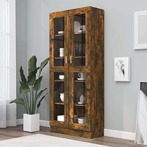 IKAYAA Vitrinenschrank Bücherschrank Mit Fächern und Glastüren Glasvitrine Stehend Standvitrine Vorratsschrank Küche Bücherschrank Mit Glastüren Räuchereiche 82.5 x 30.5 x 185.5 cm Holzwerkstoff