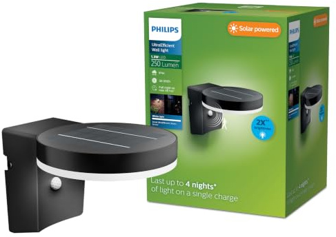 PHILIPS Outdoor Ultra-Efficient Solar Zonal Wandleuchte 1.3W, Tageslicht- und Bewegungssensor, rund, 3000 Kelvin, energiesparend, schwarz