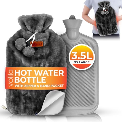 XXL 3.5L Hot Water Bottle with Zipper & Hand Pocket – Soft Faux Fur Cover for Pain Relief, Cold Nights and Period Pain – Machine Washable (Grey)