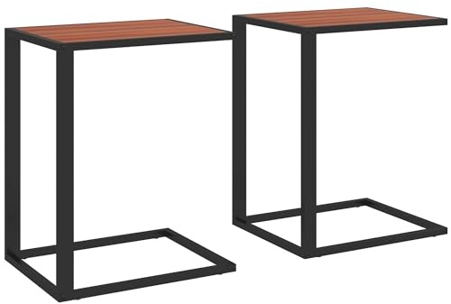 HOMCOM C-Shaped Side Table, Sofa End Table with Metal Frame, Accent Couch Table for Living room, Bedroom, Set of 2, Walnut and Black