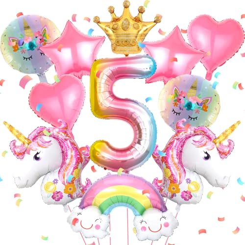 12 Stück Rosa Luftballon Einhorn Geburtstagsdeko 5 Jahre Mädchen Runde Folienballon Einhorn Kindergeburtstag Party Deko Mit Krone/Regenbogen/Stern/Herz/Band/Zahl Für Einhorn Thema Festival Party