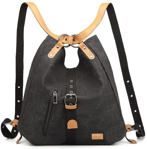 KONO Damen Rucksackhandtaschen Rucksack Canvas Handtasche 2 in 1 Vintage Damen Umhängetasche Verstellbare Schultergurte für Alltag Büro Schule Ausflug Einkauf(Schwarz)