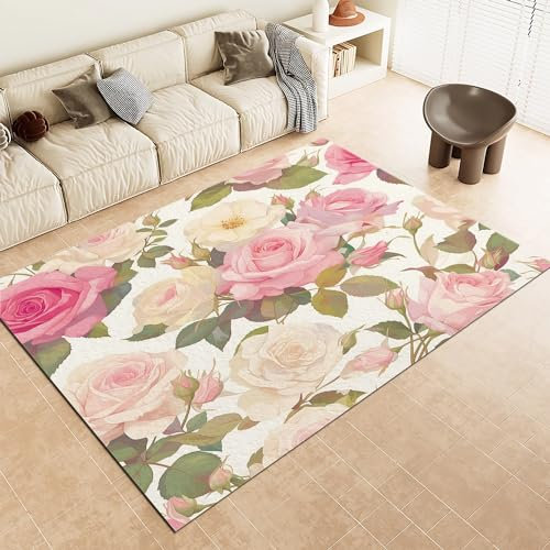 Tapis Coloré Lavable Vintage Rectangulaire 120x170cm - Plante Fleur Rose Tapis Antidérapant et résistant, Tapis à Poils Courts Doux pour Salon & Chambre