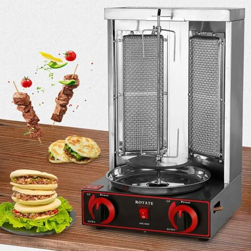 BDJSN Kommerzieller Gas-Döner-Kebab-Automat, Automatisch Rotierender Edelstahl-Grill Mit 2 Brennern, Temperatureinstellung 50–300 °C, Elektrischer Vertikaler Broiler-Gyro-Fleischspieß Für Restaurants