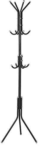 Garderobe, Hutablage, Metallständer, Baum mit 10 Haken, Stahlrohre, Dreieckige Stütze, Vertikale Struktur, Kunststoffabdeckung für Zuhause, Schlafzimmer (BLACK)