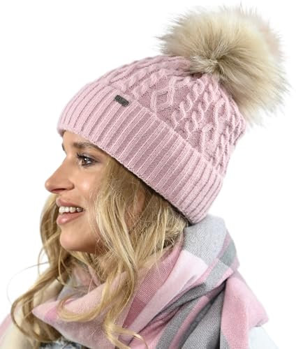 Alur Mütze Damen Beanie Wintermütze Strickmütze mit Bommel - Warme Elastisch Elegant Winter Mütze EKO Bommelmütze - Weiches Garn Stilvoll Universell Warm (Rosa)