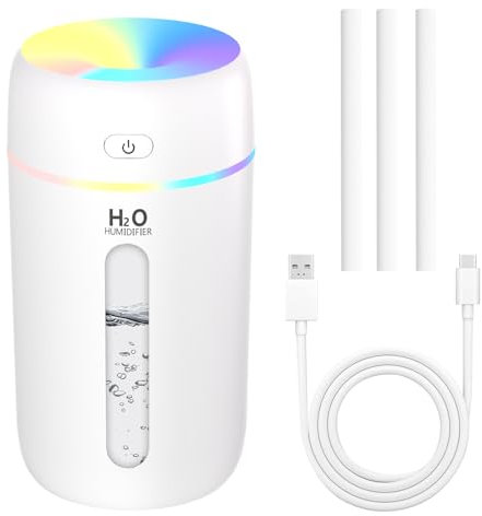 KARFUN Humidifier Pequeños, Humidificador Portátiles De Escritorio, Silenciosos, Mini Humidificador Coche Con Luz De 7 Colores, Apagado Automático, Oficina, Dormitorio, Coche, 250 Ml, Blanco