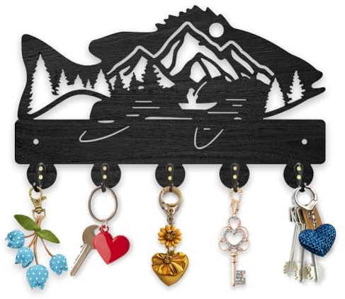 MAYJOYDIY Fisch Schlüsselhaken aus Holz 30×17.9cm Mountain Grove Wandhalterung Natürliche Landschaft Kleiderhaken Schwarzer Kunst Schlüsselhalter Mit 5 Legierung Haken Für Schlafzimmer Küche Büro