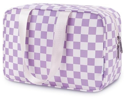 Karierte Kulturtasche Damen Gross, Kulturbeutel Groß Damen Kosmetiktasche Waschtasche Make up Tasche Organizer für Kinder and Frauen (Lila Schachbrett)
