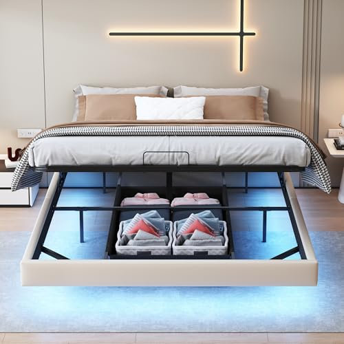 CYYZB Schwebender Bettrahmen mit LED-Lichtern, LED-Plattform-Bettgestell mit Stauraum unter dem Bett, schwebender Bettrahmen ohne Kopfteil, modernes Holzbett, kein Boxspringbett erforderlich