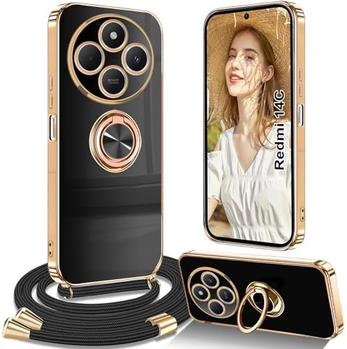 Yutwo - Carcasa con cordón y collar de silicone para Xiaomi Redmi 14C 4G, funda 360° con anillo magnético a prueba de golpes