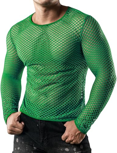 JOGAL Mens Fishnet Mesh Long Sleeve Shirt Muscle XX-Large Grass Green