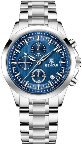 BENYAR Herrenarmbanduhr Chronograph – Elegante Quarzuhr mit Edelstahlband, 30M wasserdicht, Leuchtzeiger & Kalender | Herrenuhr für Business, Freizeit & besondere Anlässe - Blau