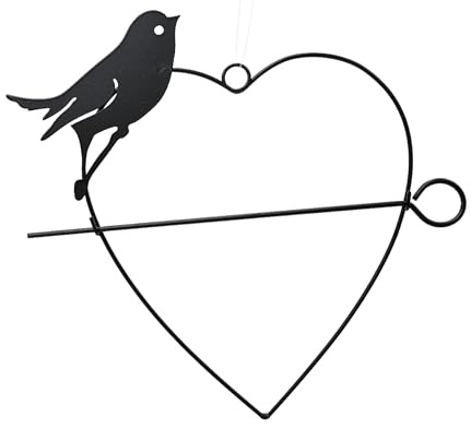 Mangeoire pour oiseaux, avec silhouette d'oiseau, 24 cm, en métal, en forme de cœur, mangeoire décorative pour oiseaux, jardin, balcon, terrasse, support de nourriture pour oiseaux, à suspendre, noir