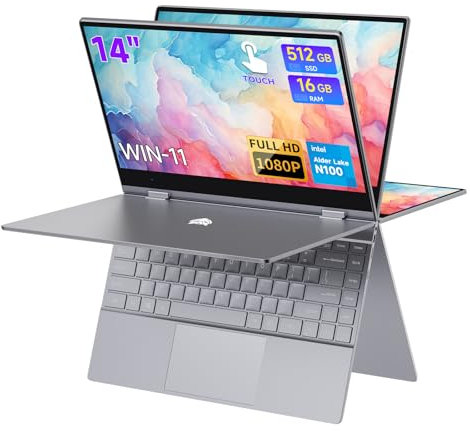 BMAX 2 in 1 Notebook 14 Pollici PC Touch Screen Alder Lake N100 CPU 16GB RAM 512GB SSD Convertibile 360° Win 11 Pro Computer Portatile, Tastiera Retroilluminata 1920×1080 IPS Bluetooth 4.2 Type Cx2