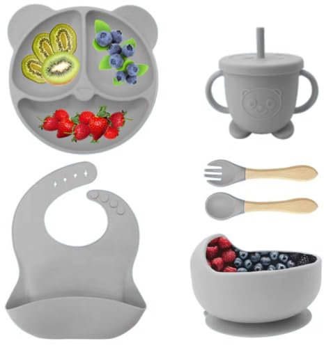 Eliano 6-teiliges Silikon Baby Geschirr Set – BPA-frei – Rutschfester Teller & Schüssel, Lätzchen, Trinklernbecher mit Strohhalm & Besteck – Baby Led Weaning Set (Grau)