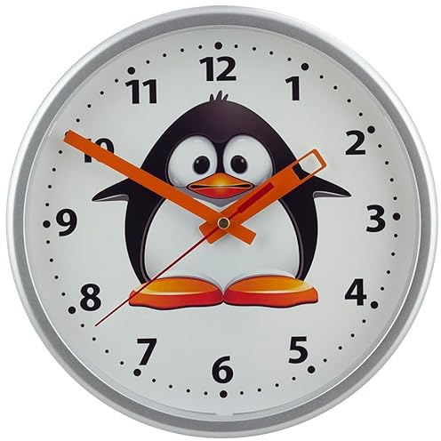 Eurotime 82308 Quarzwanduhr mit schleichender Sekunde, 24 cm Durchmesser, Kunststoffgehäuse Silber und Kunststoffgehäuse, Motivzifferblatt Pinguin, Zeigersatz Oraange und Sekunde Orange