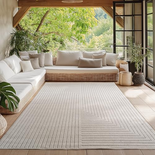 HomebyHome Kurzflor Teppich 120x170 cm Creme Wohnzimmer, Schlafzimmer, Küche, 3D Hoch-Tief-Effekt, Skandinavisch Boho Motiv, für Outdoor Bereich geeignet Terrassen oder im Balkon