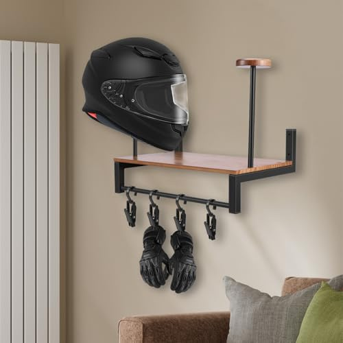 Motorradhelm Halterung,Holz Helmhalter Wandhalterung mit Haken,Einfach Montiert,Robuste Wandhalterung,Helmhalter für Garage,Motorradbekleidung & Zubehör(Protokollfarbe)