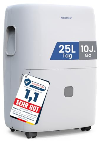 Newentor Luftentfeuchter elektrisch 25L, Entfeuchter elektrisch keller, Raumentfeuchter elektrisch, Dehumidifiers for home für 215m³/80m², mit Timer, Filter, Ablaufschlauch, 10 J. Gar.