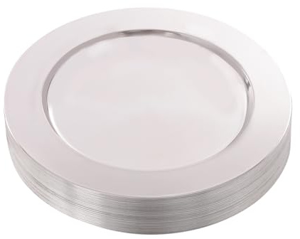 Hydrangeary 24 Pack Gold Charger Plates 33cm, 410 Stainless Steel with Embossed Rim, Reusable Decorative Service Plates for Wedding Christmas Halloween Party Banquet Catering Table Decor (Silver)