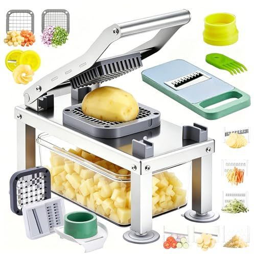 W&H Stainless Steel Vegetable Chopper, 9-in-1 Multifunctional Food Dicer | Onion,Salad Chopper & Veg Slicer with Container, Manual Food Choppers for Kitchen, Potato Cutter, Mandoline Slicer