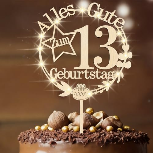 ENLACE Holz Tortendeko 13 Geburtstag Junge Mädchen, Kuchendeko 13. Geburtstag Mädchen Teenager, Cake Topper Geburtstagsdeko 13 Jahre Junge Geschenk, LED Cake Topper 13 Geburtstag Dekoration Teenager