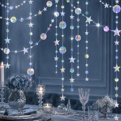 Wosyoodo 5 Stück 4m Glitzer Papiergirlande Sterne & Kreise, Holografisch Regenbogen Deko für Geburtstag, Hochzeit, Babyparty, Jubiläum, Partydekoration zum Aufhängen