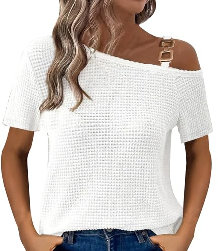 Generico Maglione Estivo da Donna a Maniche Corte con Spalle Scoperte Pullover Casual Lavorato all'Uncinetto Top in Maglia Traforata vestibilità Comoda Quotidiano Base Magliette T Shirt