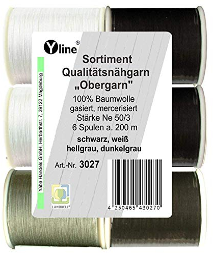 Sort. 6 Spulen a. 200 m Qualitäts - Nähgarn Obergarn schwarz, weiß & grau, Ne 50/3, 100% Baumwolle für die Nähmaschine, 3027