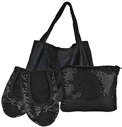 Women's Foldable Flats – Portable Ballet Slippers Shoes for Travel, Wedding – Fits in Purse with Expandable Tote Bag (M, Black Sequin)
