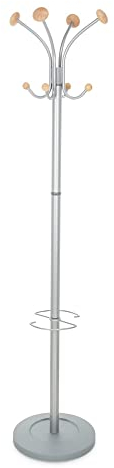 hjh OFFICE 830028 Garderobenständer Space Metall/Holz Silber Kleiderständer drehbar mit Schirmständer, Höhe 173 cm, 8 Haken