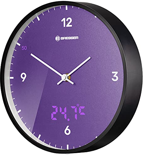 Bresser MyTime LEDsec - Orologio da parete con quadrante da 24 cm, display a LED, temperatura interna e silenzioso, colore: Viola