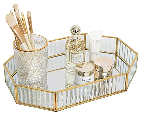 SLHEQING Mirror Tray Gold Vintage Perfume Trays Makeup Jewelry Organizer, Glass Vanity Trays (26L x 18W x 5H cm)
