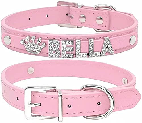 Beirui Hundehalsband, weiches PU-Leder, mit Kristall-Strasssteinen, Namensbuchstaben und Charms, verstellbar für kleine und mittelgroße Hunde