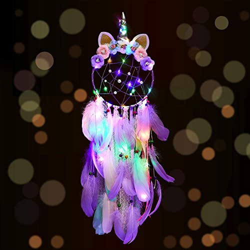 LED Traumfänger, Disdarkday Traumfänger Kinder Makramee Traumfänger boho Bunte Feder Traumfänger Basteln Traumfänger für Mädchen Kinder Schlafzimmer Wandbehang Dekorationen (Lila-Bunte LED)