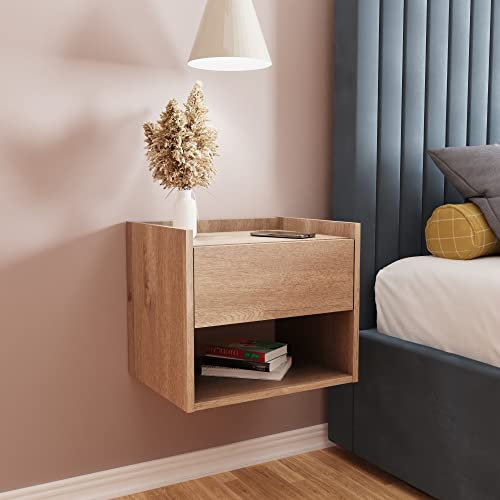 GFW Harmony Pair of Wall Mounted Minimalistic Floating Bedside Tables with Storage Drawer & Shelf, Oak, 42.5 x 33 x 36 cm