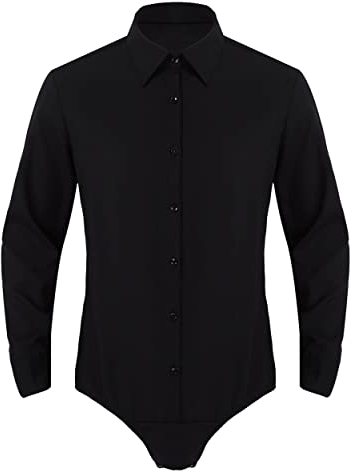 Jowowha Herren Body Bodysuit Einteiler Overall Langarmshirt Hemd Bluse Tops Slim Fit Hemdbody mit Druckknöpfe im Schritt Schwarz XXL