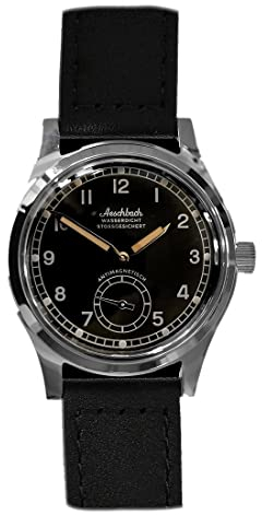 MWC Aeschbach WW2 Automatik Stahl Schwarz Leder Herrenuhr, Schwarz , Armband