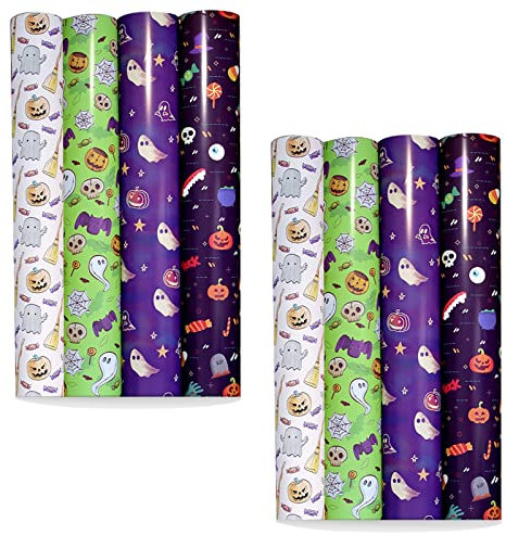 Halloween Geschenkpapier Set, Musterpapier-Set Halloween Geschenkpapier 8 Blatt Geschenkpapier Set,Totenkopf- und Kürbismuster Geschenkpapierblatt Buntes