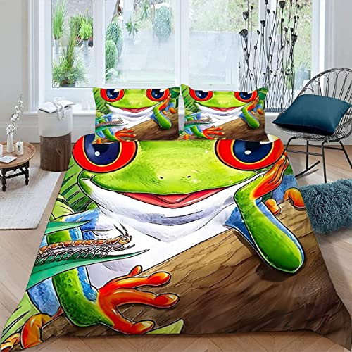 VASENA Bettwäsche Frosch Bettwäsche 135x200 Kinder Süße Cartoon-Tiere Bettbezug Set Weich Microfaser Kinderbettwäsche 3 Teilig Mit ReißVerschluss Mit 2 Kissenbezug 80x80 cm