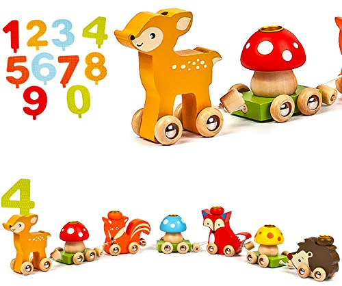 alles-meine.de GmbH Geburtstagszug - Holz Modellwahl Tiere im Wald - incl. Zahlenstecker/Zahlen - für Kerzen - 58 cm - Geburtstagseisenbahn - Eisenbahn/Zug/Dampflok - K..