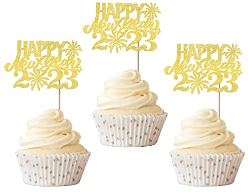 Xsstarmi 30 Stück Happy New Year 2023 Cupcake Topper Glitzer Feuerwerk Cheers to 2023 Hello 2023 Neujahr Cupcake Picks for Welcome to 2023 Happy New Year Eve Party Kuchen Dekorationen Supplies