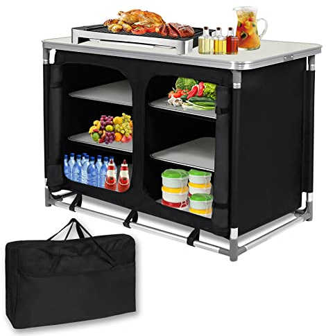 SUBTLETY 97x47.5x78cm Outdoor Camping Küche Set Faltbare Camping-Schränke inkl. 5mm MDF Platten & Tragetasche & Metallrahmen Mobile Zeltschrank für Picknicks Strandausflüge Grillabende