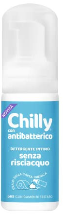 Chilly Senza Risciacquo, Detergente Intimo Senza Risciacquo Antibatterico, Da Usare Fuori Casa sulla Carta Igienica, Formula in Mousse a pH5, Clinicamente Testato - 100ml