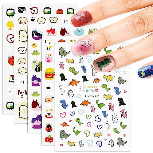 5sheets Cute Nail Stickers for Kids Little Girls Boys Self-Adhesive Cartoon Dinosaur Small Animals Nail Stickers for Nail Art Design Accessories