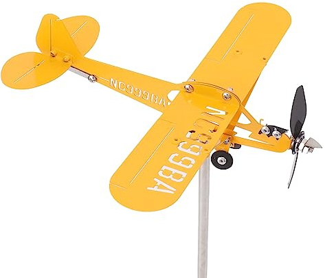 Haofy Piper J3 Cub Flugzeug-Wetterfahne, 3D-Metallflugzeug-Wetterfahne, Metall-Windmühle, Outdoor-Dach, Windskulptur, Kinetische Skulptur, Windrichtungsanzeiger, Gartendekoration (S)