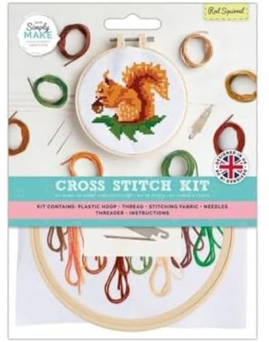 Simply MAKE Kreuzstich-Set – Rotes Eichhörnchen-Design für Kinder und Erwachsene, einschließlich Reifen, Stickgarn, Stoff und Nadel, perfekt für Erwachsenen-Bastelarbeiten und Anfänger,