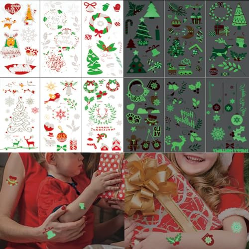 XMASIR 12 Blätter Weihnachten Tattoo Kinder, 150 Stücke Leuchtendes Temporary Tattoos Aufkleber Wasserdicht Glitzer Temporäre Tattoos Kindertattoos für Jungen und Mädchen