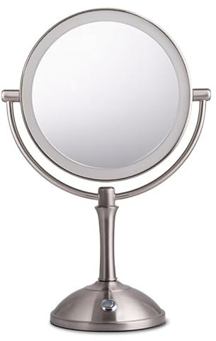 REWIS Miroir de Maquillage de Table sur Pied en Nickel de 8 Pouces avec LED Tactile à intensité Variable, Miroir cosmétique de beauté Double Face Rechargeable, Miroir de Rasage à grossissement HD,3X